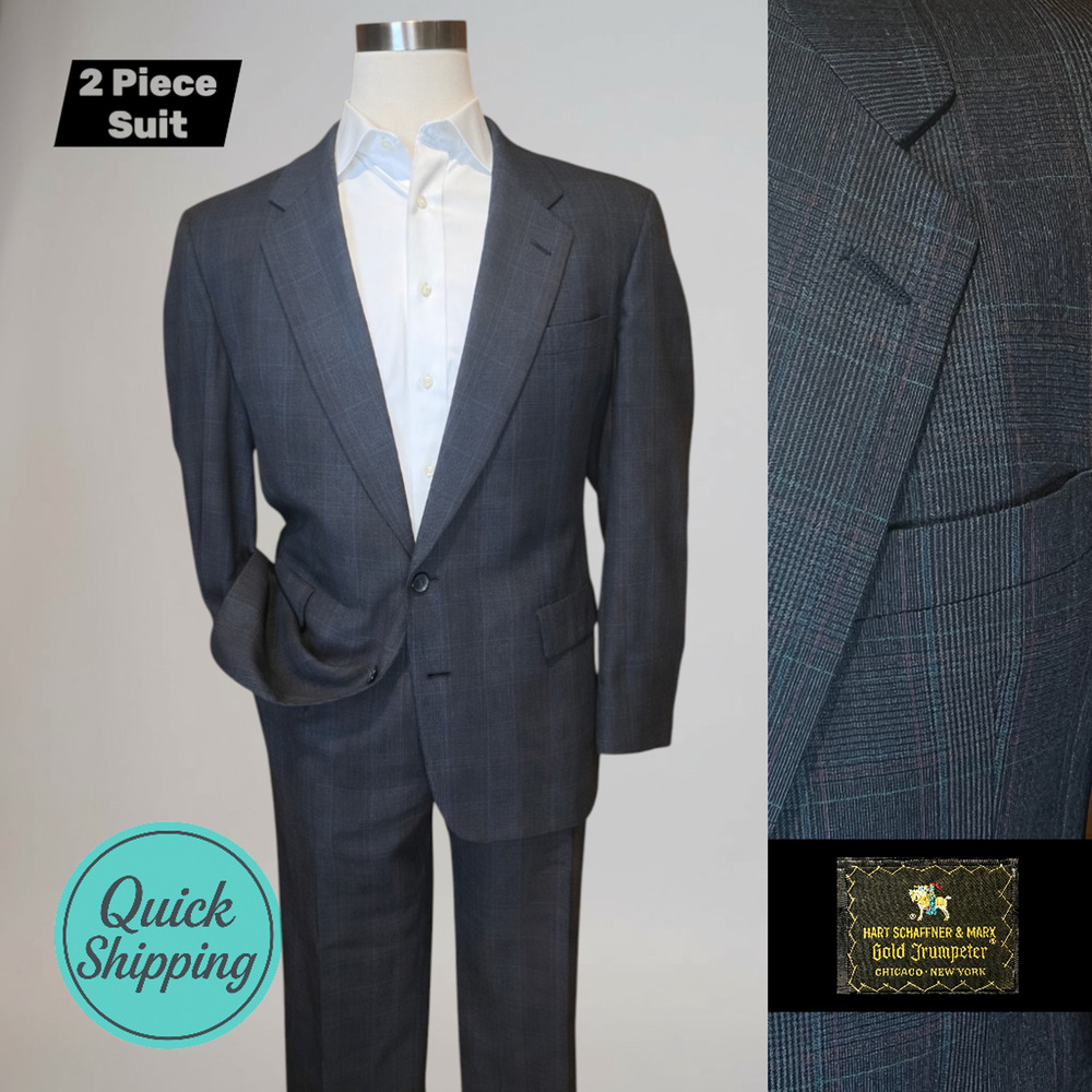 Hart Schaffner Marx Gold Trumpeter 42-43R 37x30 Blue Subtle Purple Plaid Suit